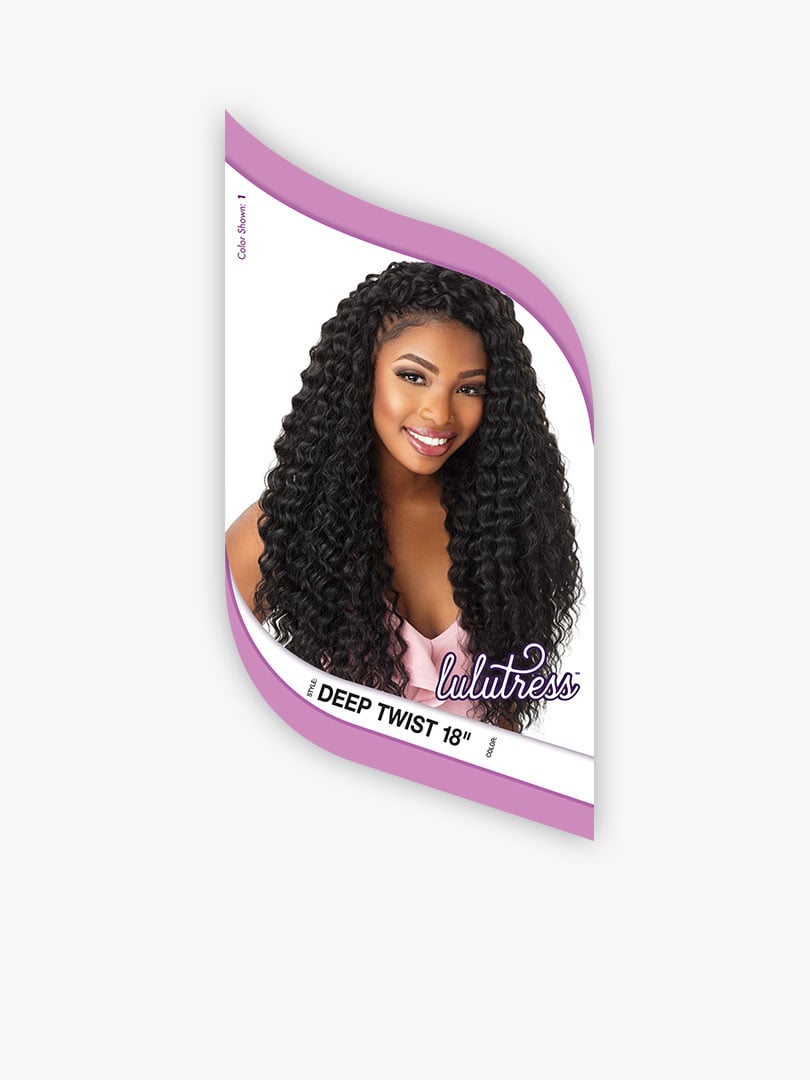 Lulutress Deep Twist 18" product packaging, featuring a smiling woman with long, voluminous black deep twist hair.
