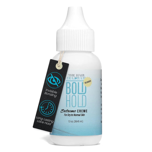 Bold Hold Extreme Creme Lace Adhesive Glue 1.3 oz packaging: a white bottle with nozzle and black hangtag promoting invisi...
