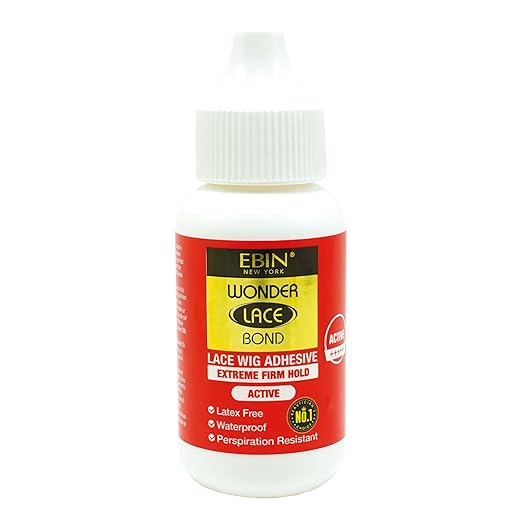 Product packaging for EBIN Wonder Lace Bond Wig Adhesive, a white bottle with a red and yellow label featuring "Extreme Fi...