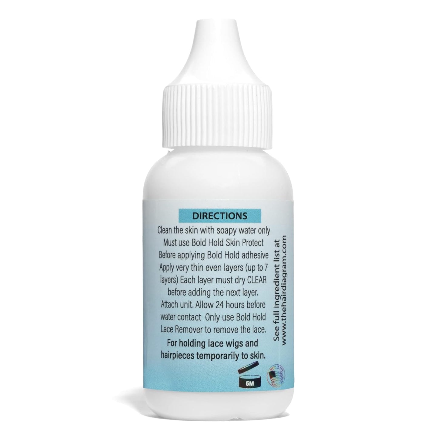 White bottle of Bold Hold Extreme Creme Lace Adhesive Glue with a ribbed cap and blue label displaying directions.