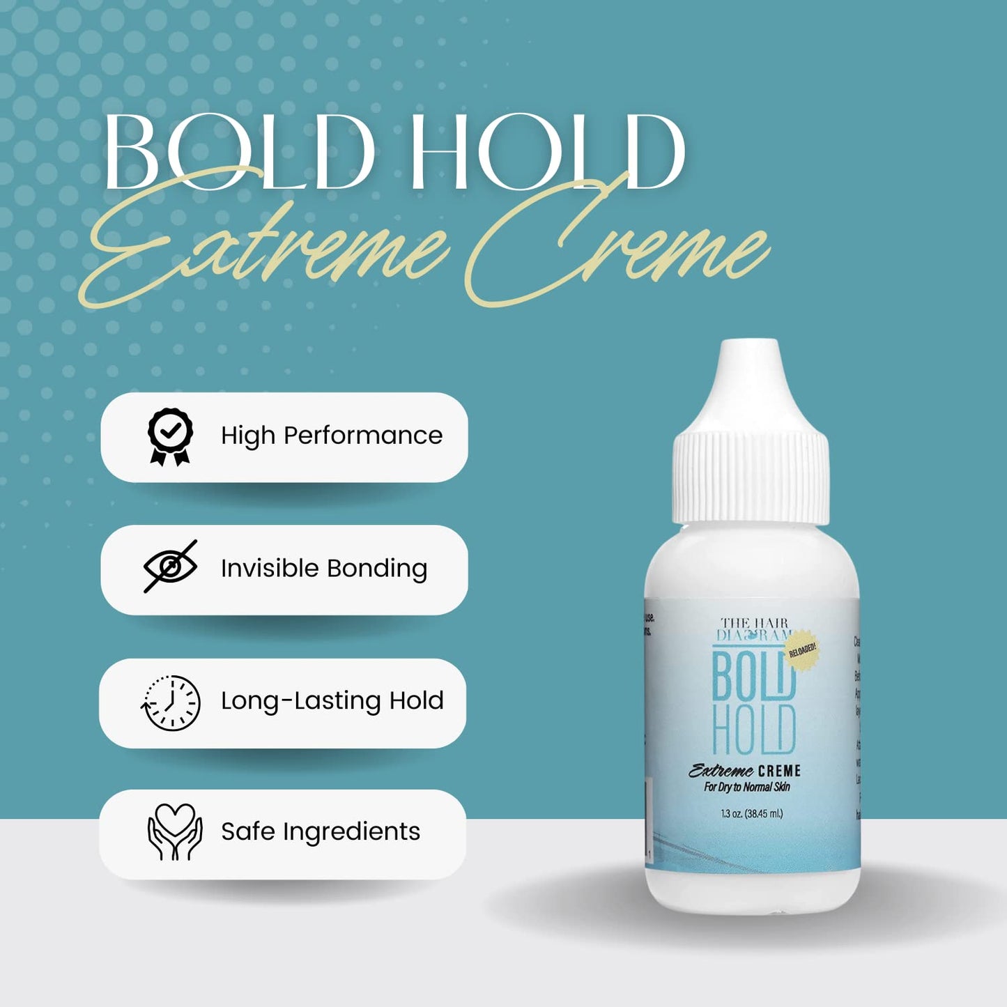 Product packaging: A white squeeze bottle of Bold Hold Extreme Creme Lace Adhesive Glue, 1.3 oz. It has a blue and white l...