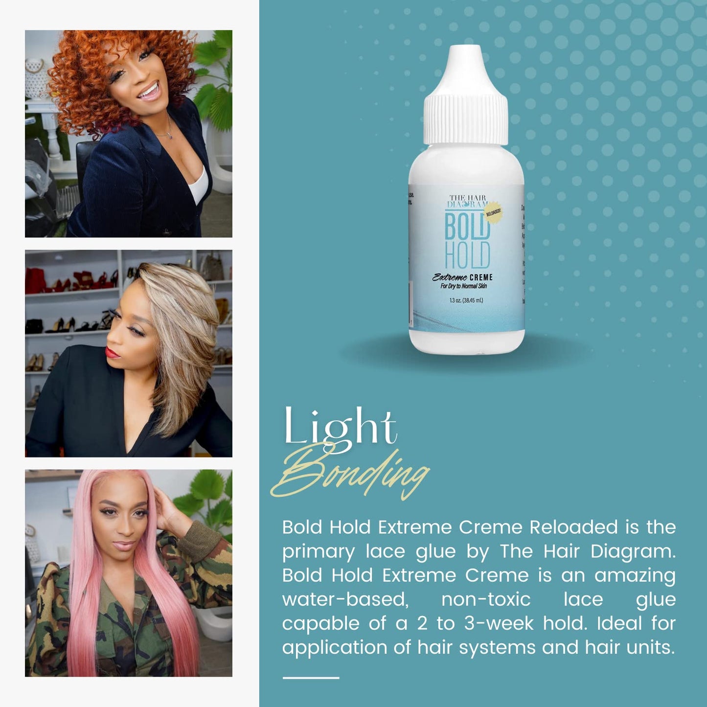 Bold Hold Extreme Creme glue bottle and three women modeling short copper curls, blonde layers, and long pink wigs.
