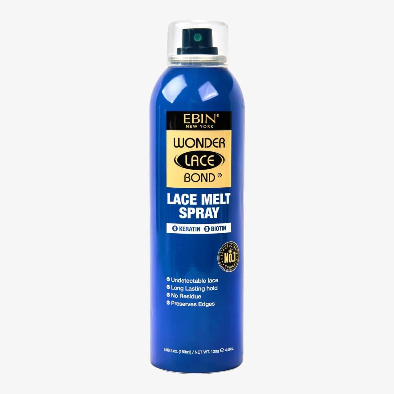Blue aerosol spray can, EBIN NEW YORK Wonder Lace Bond Lace Melt Spray, with a prominent black and gold label.