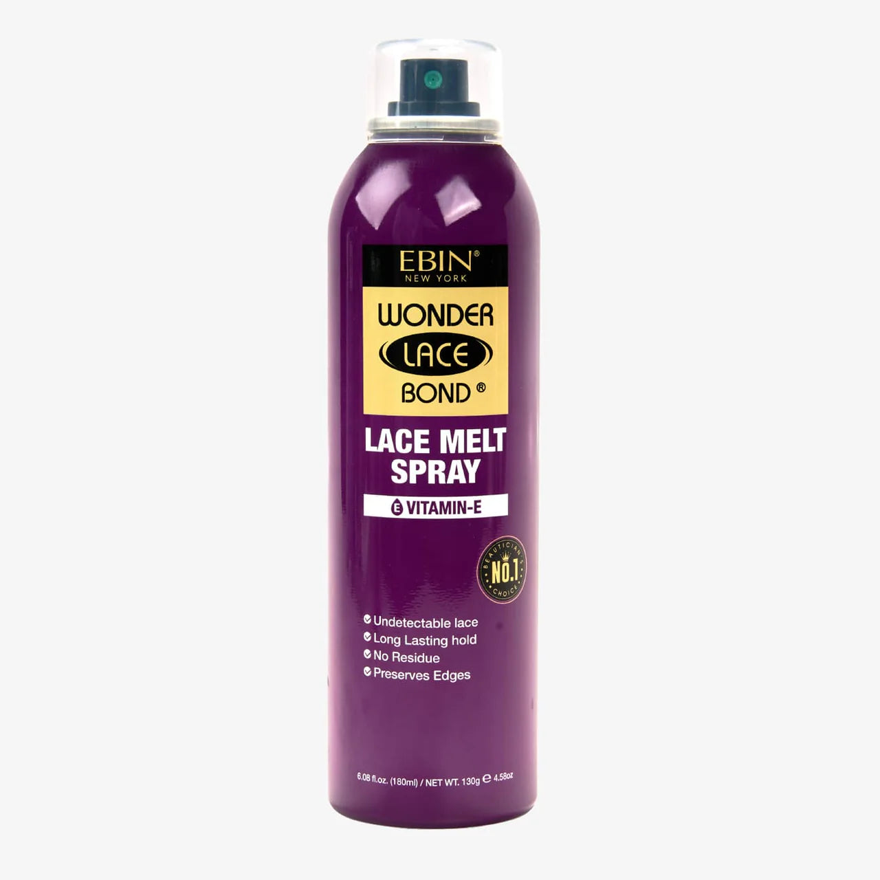 Purple aerosol can of EBIN NEW YORK Wonder Lace Bond Lace Melt Spray with clear cap. Features Vitamin E + Biotin.