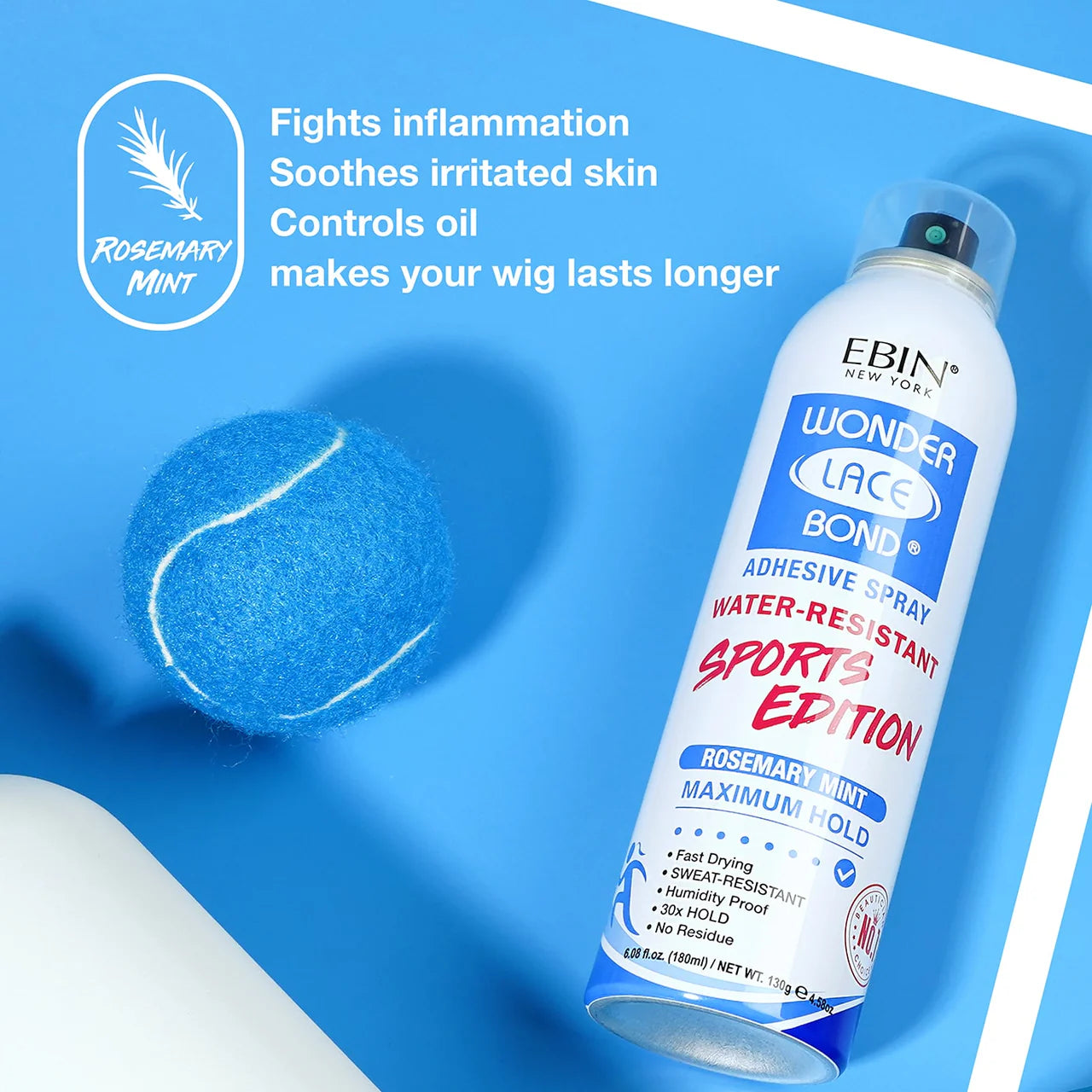 EBIN NEW YORK Wonder Lace Bond Adhesive Spray Sports Edition packaging. A white can with blue and red text sits next to a ...