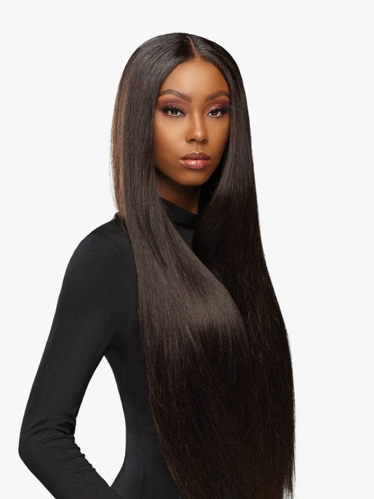 Woman modeling HH STRAIGHT 18-EMPIRE BUNDLE, featuring long, sleek, dark brown hair with a middle part.