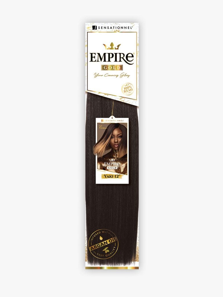Product packaging for HH YAKI WVG 12 EMPIRE GOLD with straight dark brown hair. Model with highlights and argan oil details.