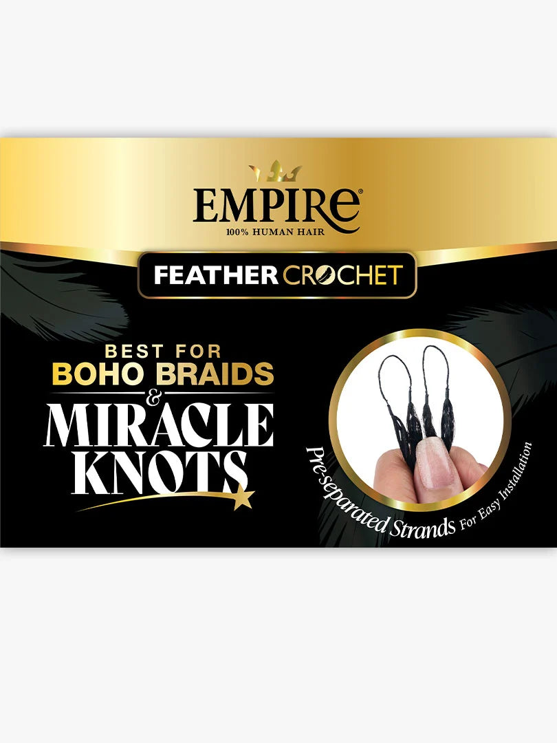 Empire 100% Human Hair Feather Crochet Bohemian packaging in gold and black, with a hand holding pre-separated black strands.