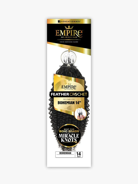 Empire 100% Human Hair Feather Crochet Bohemian packaging showing 14-inch black, curly hair.