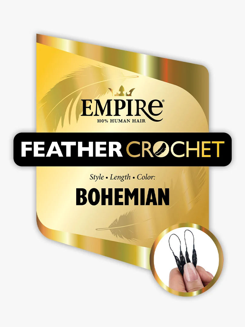 Empire 100% Human Hair Feather Crochet Bohemian packaging in gold, feather design, showing black looped hair.