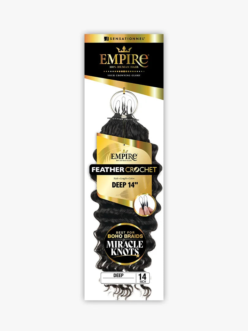 Packaging for Empire 100% Human Hair Feather Crochet Deep Wave, showing black 14-inch wavy hair bundles.