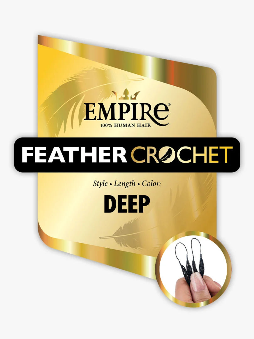 Empire Feather Crochet Deep Wave hair product packaging, gold design, hand holding dark looped hair pieces.
