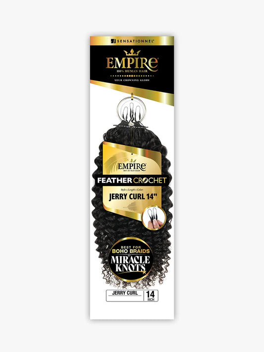 Product packaging for Empire Feather Crochet Jerry Curl 14". Features black, springy human hair curls.