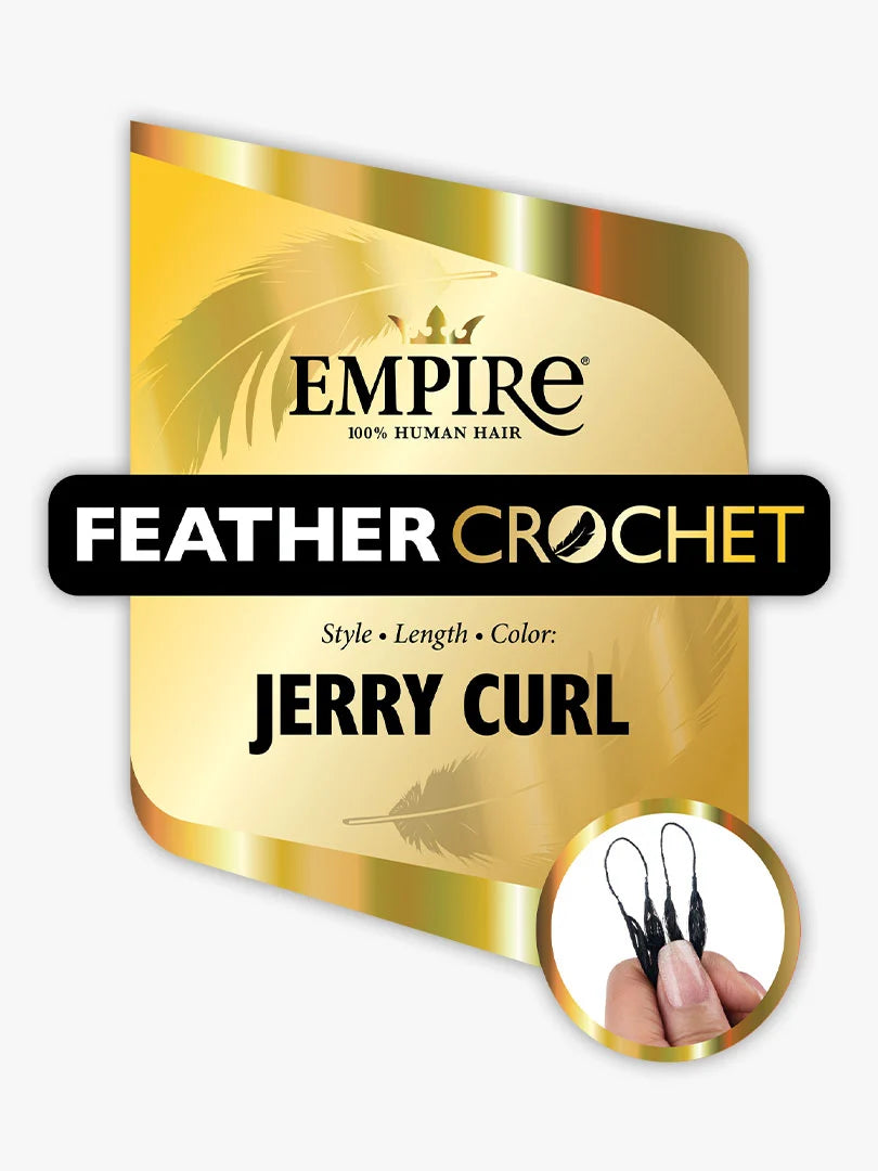 Golden Empire 100% Human Hair Feather Crochet Jerry Curl packaging with logo and a hand holding black hair loops.