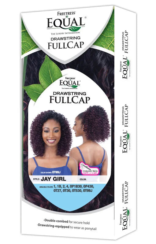 Packaging for Freetress Jay Girl Half Wig. Shows a smiling woman with short, curly, reddish-brown hair, styled down and as...