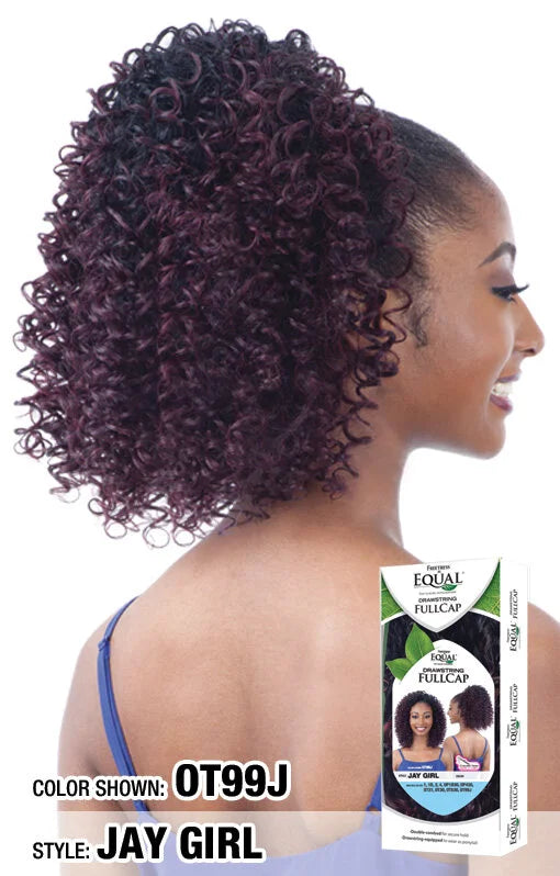 Woman models Freetress Jay Girl Half Wig with voluminous, tight burgundy curls reaching her shoulders.