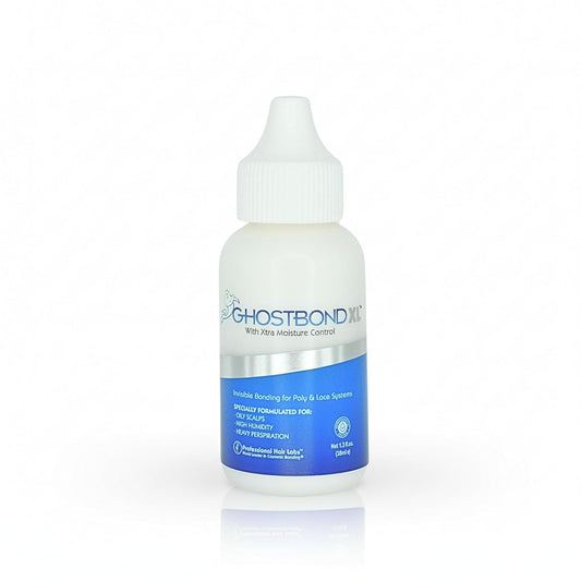 White Ghost Bond XL Lace Wig Glue Adhesive, 1.3 oz bottle with a pointed nozzle and blue label on a white background.