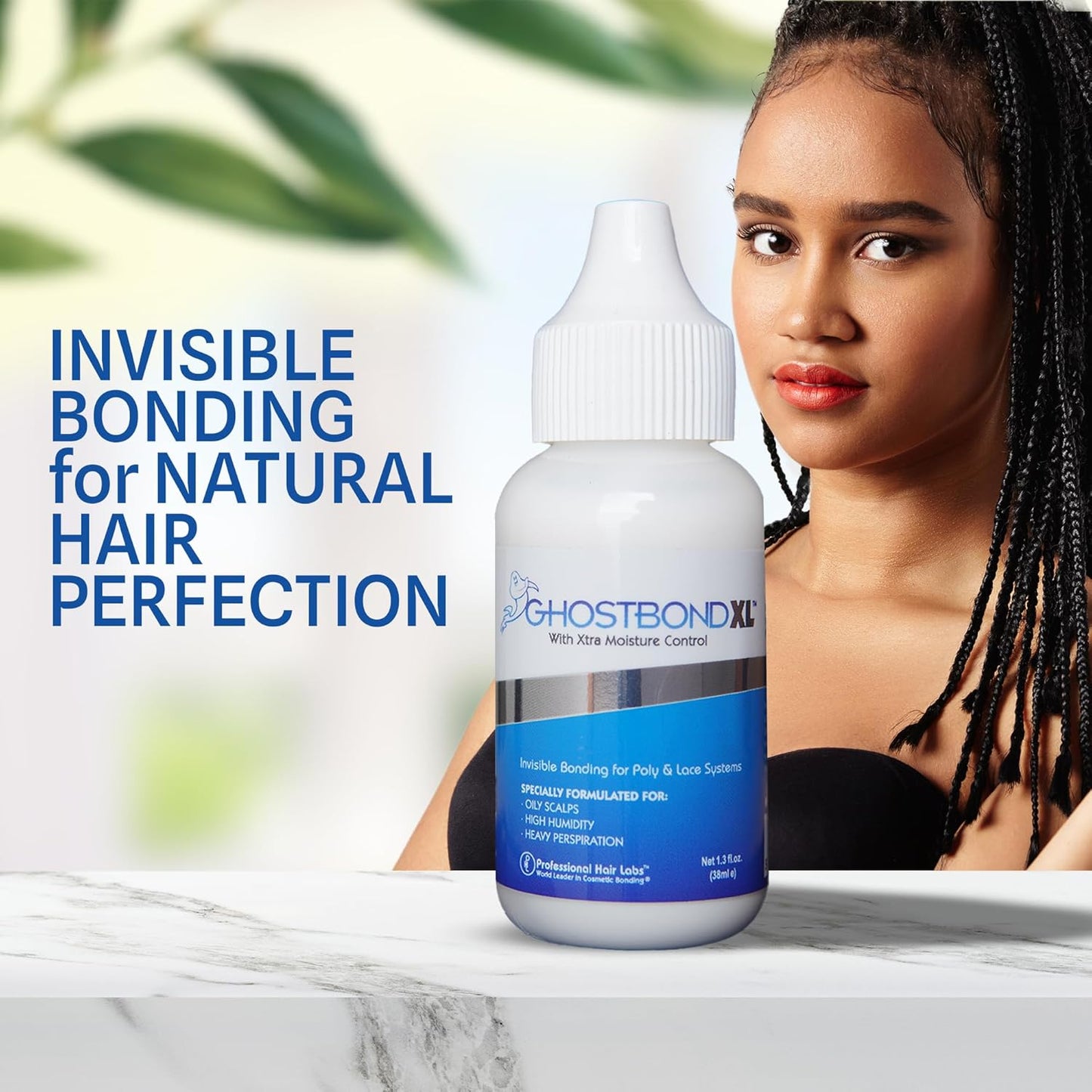 A woman with long dark box braids next to a Ghost Bond XL lace wig glue bottle on a marble surface, with text "Invisible B...