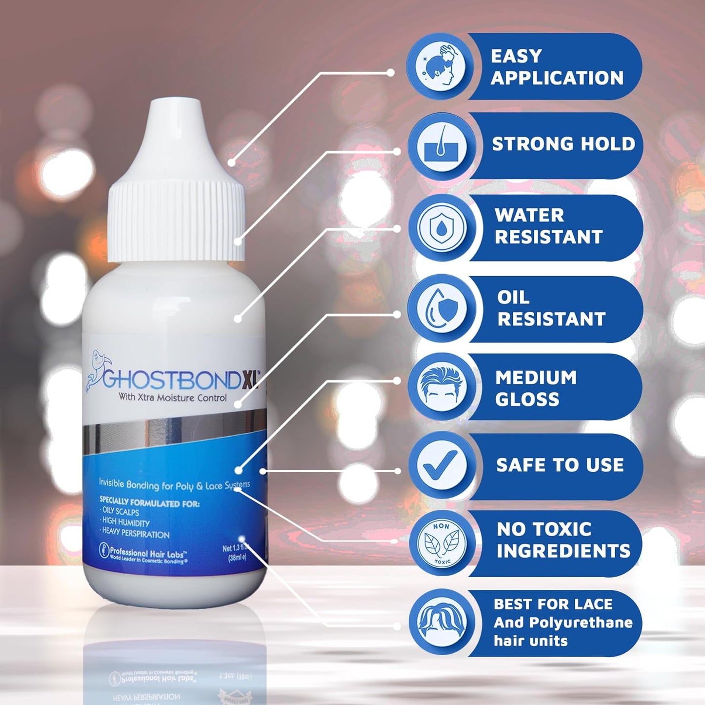 White squeeze bottle of Ghost Bond XL Lace Wig Glue Adhesive. Features like strong hold & water resistance are listed besi...