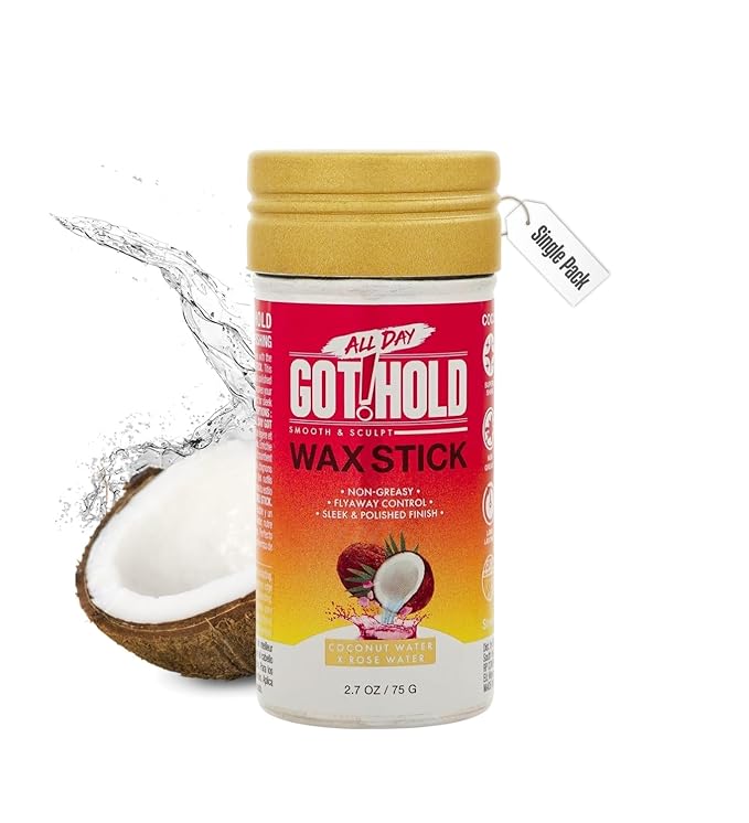 Product packaging for ALL DAY GOT HOLD Wax Stick. White stick with a gold cap, red label, and coconut water graphics.