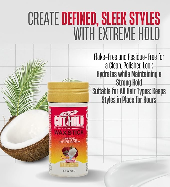 ALL DAY GOT HOLD Wax Stick packaging: a red and orange cylinder with a gold cap, beside a coconut half and palm leaves.