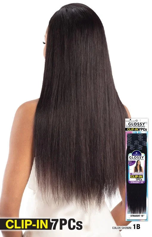 Model from rear with Shake-N-Go Glossy Straight 18" Clip-In hair extensions; long, dark black, sleek hair. Product packaging.