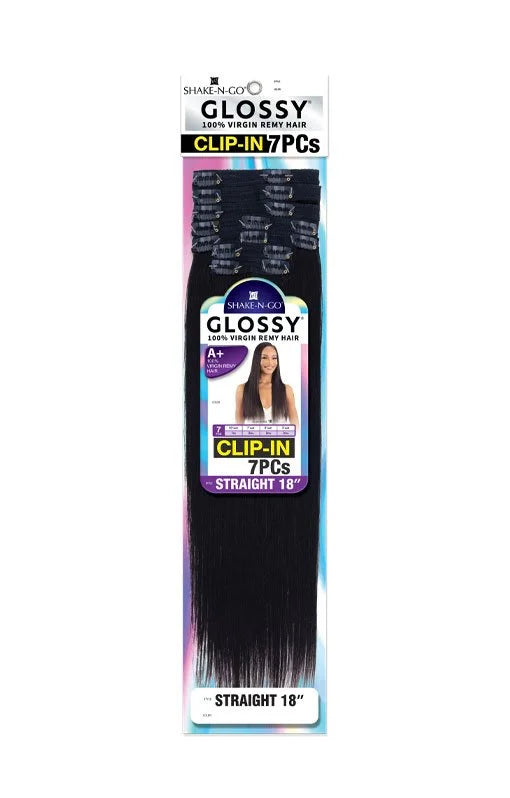 Shake-N-Go Glossy Straight 18" Clip-In Hair Extensions packaging. Shows dark, straight hair bundles with clips and a woman.