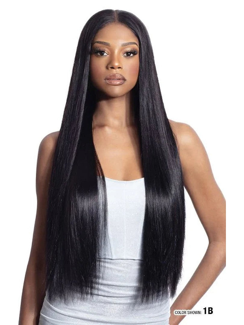Woman wearing Shake-N-Go Glossy A+ Yaky Straight hair, long black and sleek with a center part.