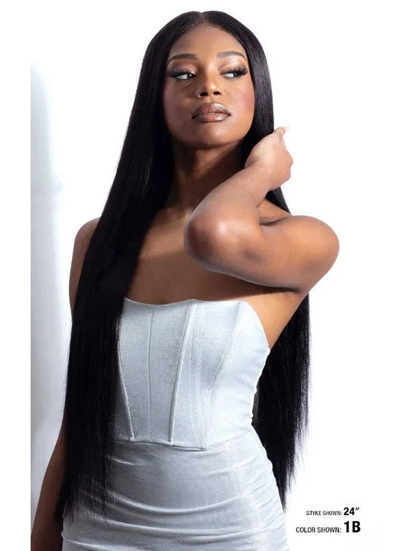 Model wears long, sleek, black Shake-N-Go Glossy A+ Yaky Straight hair, center-parted and cascading past her waist.