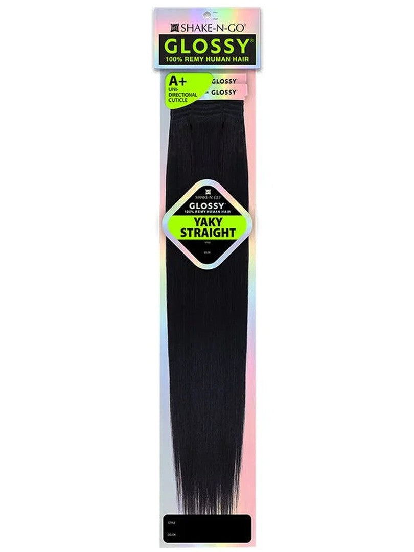 Shake-N-Go Glossy A+ Yaky Straight 100% Remy Human Hair product packaging displaying long, black extensions.