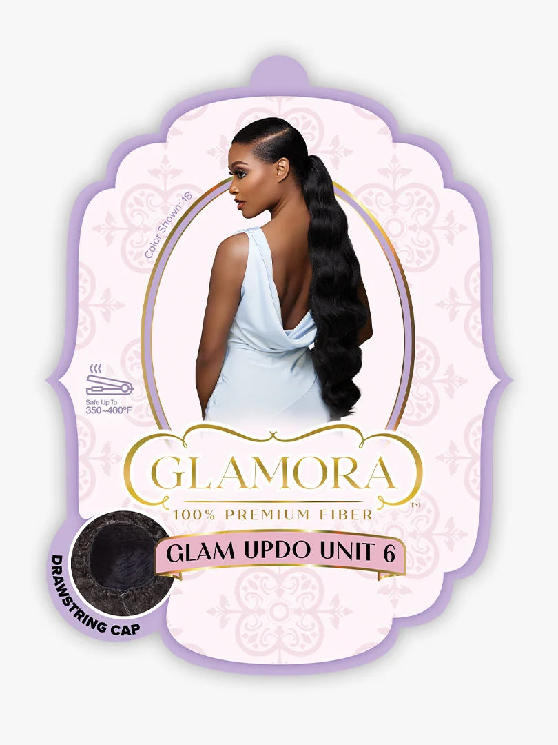 GLAMORA Glam Updo Unit 6 packaging. A woman with a long, wavy black ponytail, sleek side part. Drawstring cap visible.