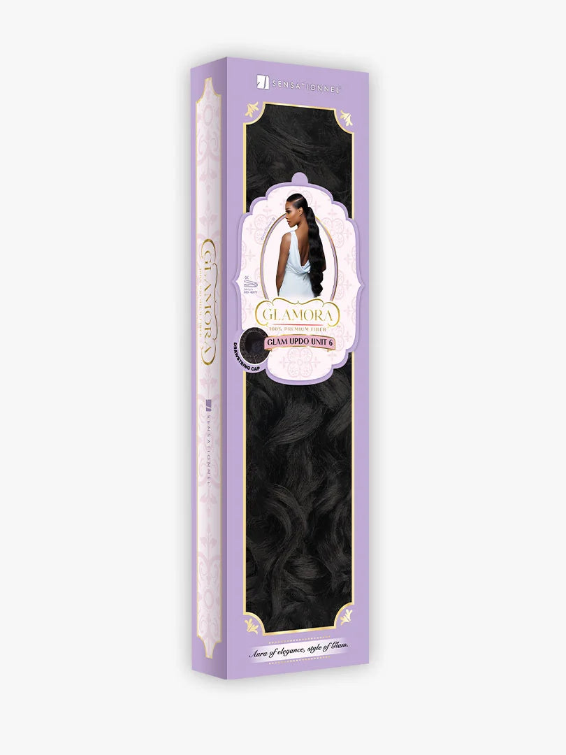 Purple GLAMORA Glam Updo Unit 6 hair packaging. Shows black wavy hair texture and a model with a long black ponytail.