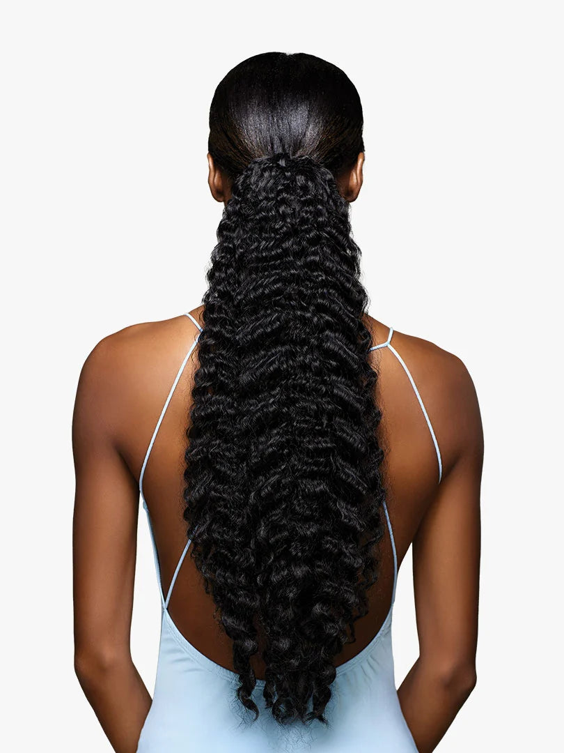 Rear view of a person wearing a sleek high black ponytail, featuring long, bouncy spiral curls from GLAMORA - Glam Updo Un...