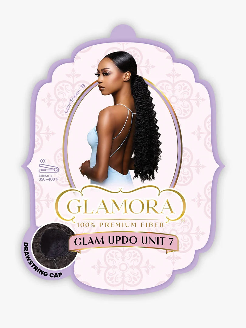GLAMORA Glam Updo Unit 7 packaging shows a model with a sleek black high ponytail featuring long, kinky curls.