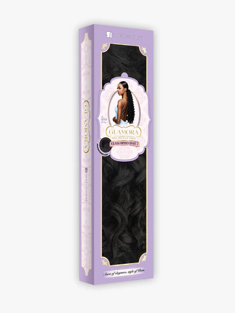 GLAMORA Glam Updo Unit 7 packaging. Features a model with a sleek, long black curly ponytail and visible black texture.