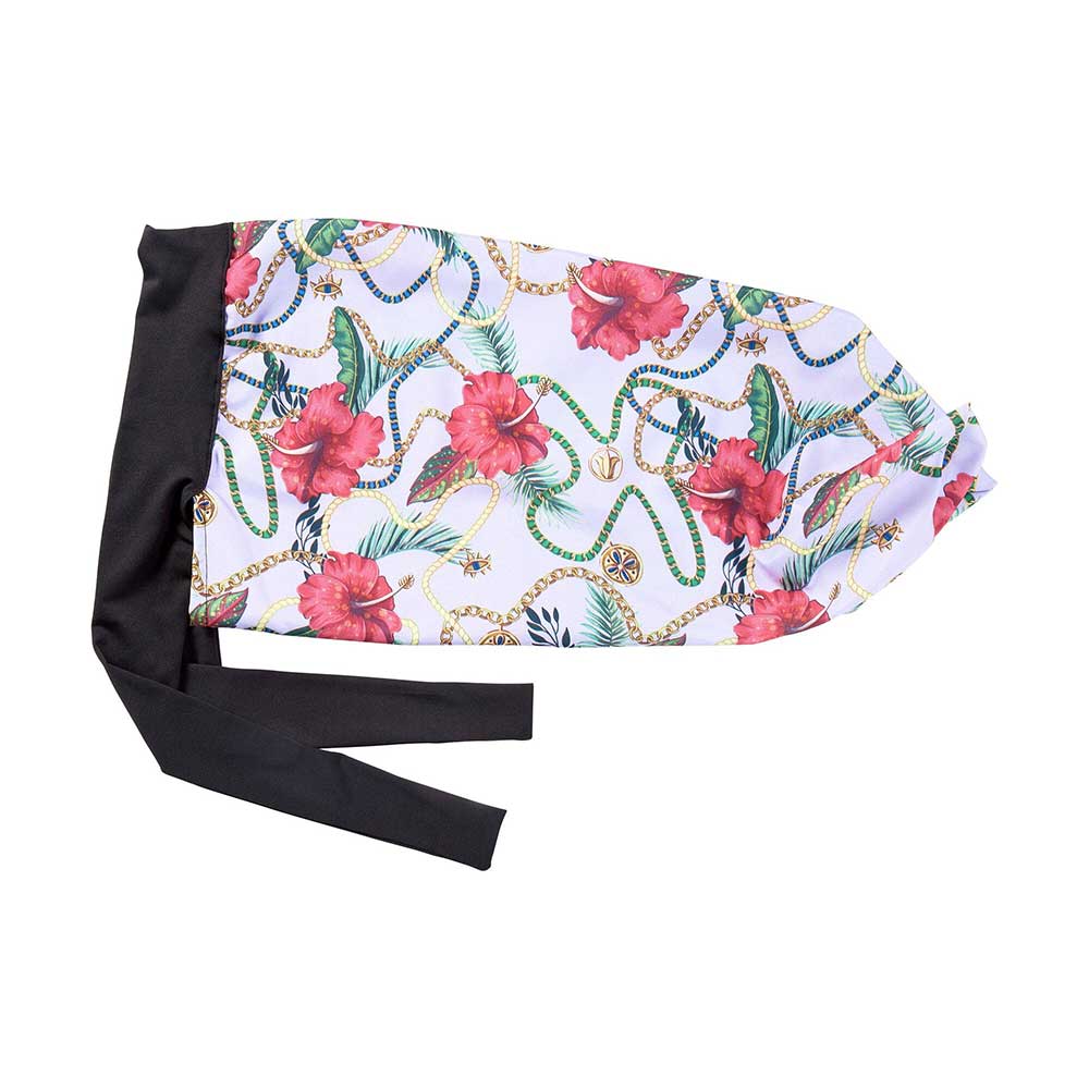 RED By Kiss Luxury Satin Wide Edge Braid Bonnet with a black band and tropical red hibiscus, gold chain pattern.