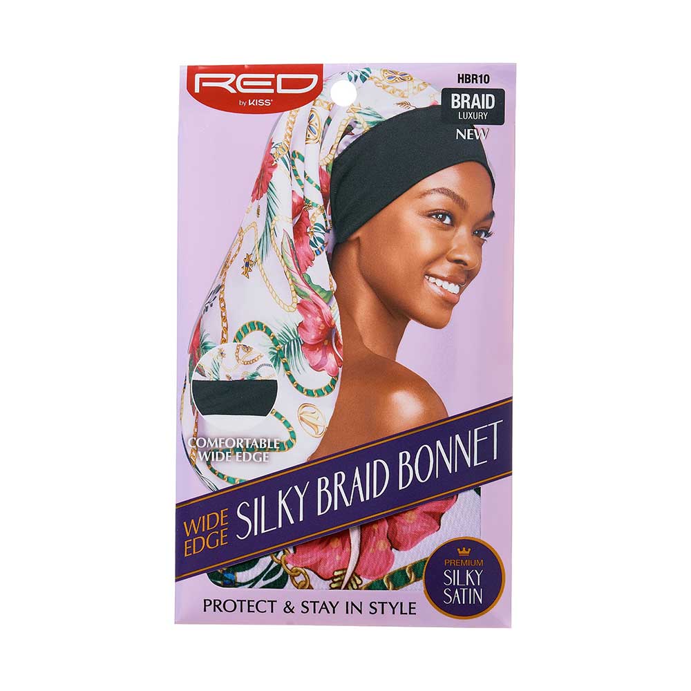 Packaging for RED By Kiss Luxury Satin Wide Edge Braid Bonnet. Smiling woman models the white floral bonnet with a black w...