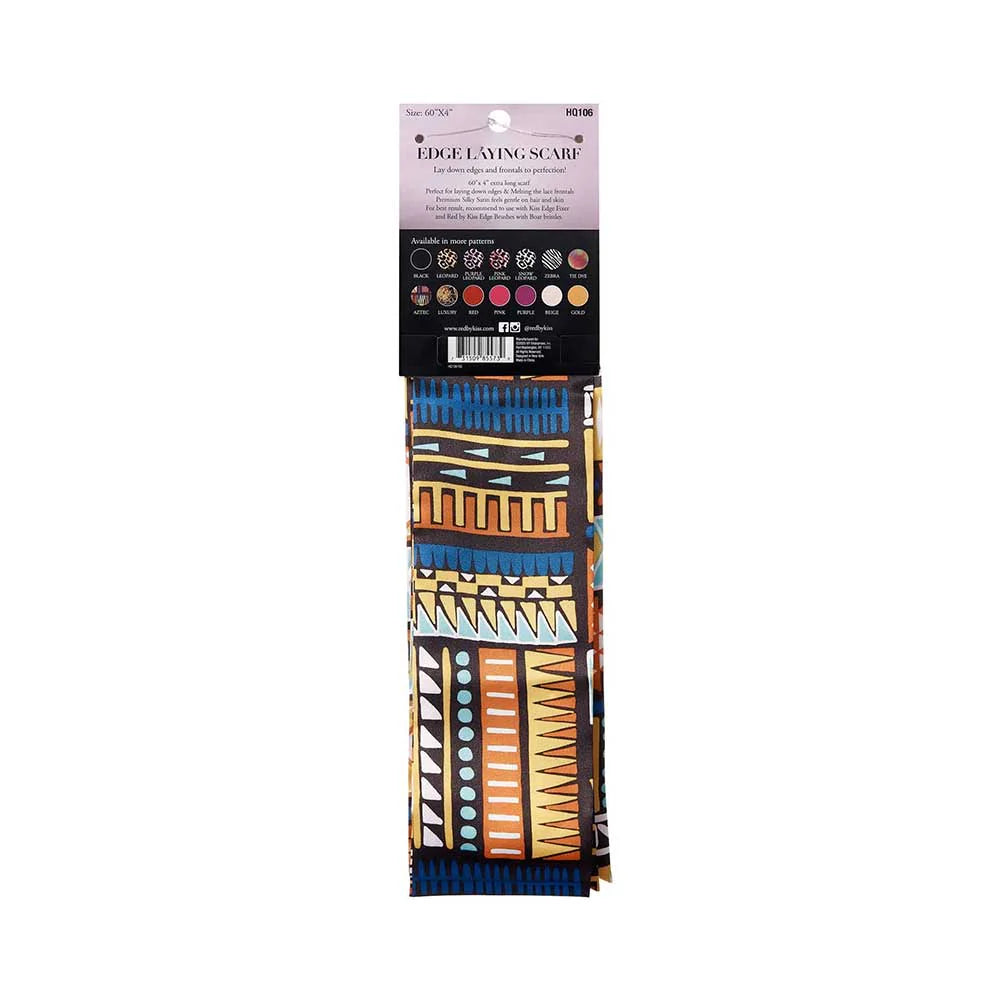 RED By Kiss Edge Laying Scarf (AZTEC) packaging. The folded scarf shows colorful blue, orange, and yellow geometric patterns.