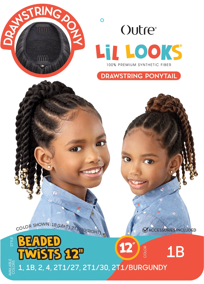 LIL LOOKS - Beaded Twists 12" Drawstring Ponytail packaging shows two girls. One has black, one brown twisted ponytail wit...