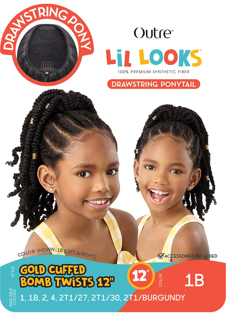 LIL LOOKS Drawstring Ponytail packaging: two girls wear 12" black Gold Cuffed Bomb Twists.