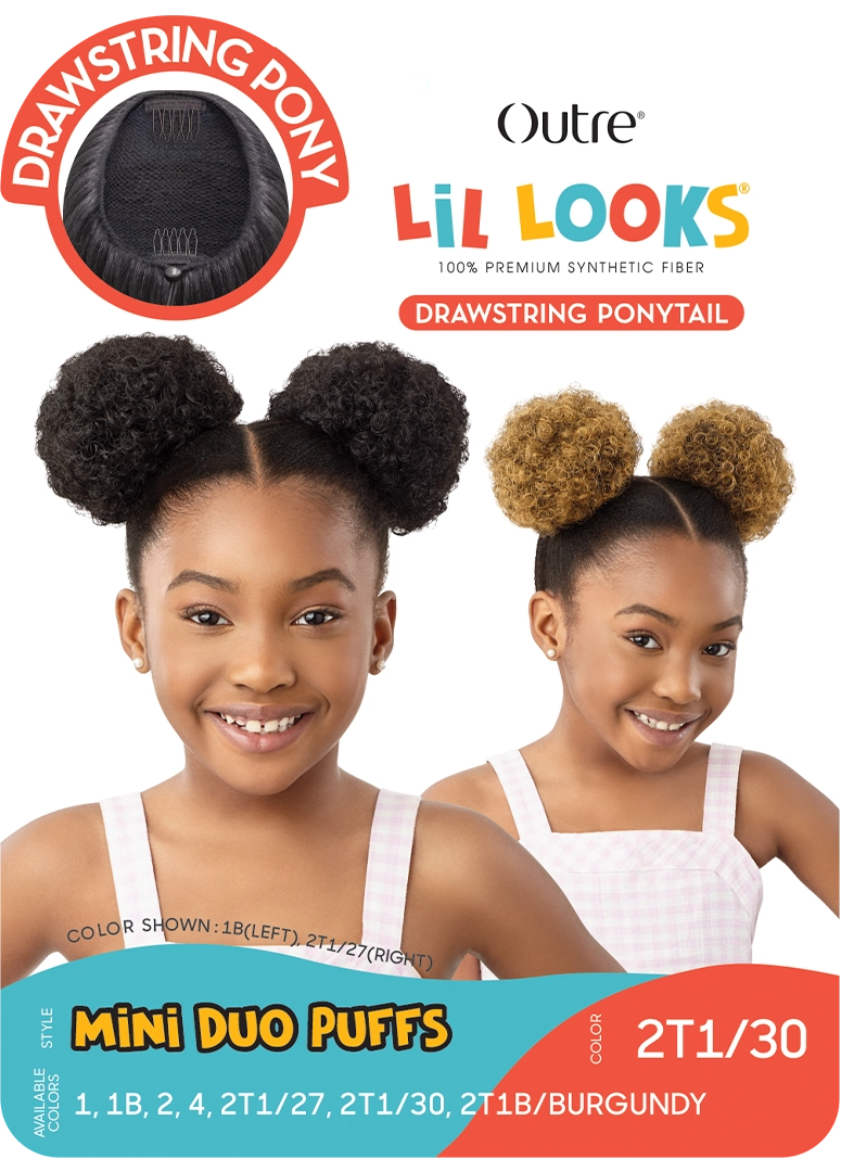LIL LOOKS Drawstring Ponytail Mini Duo Puffs packaging shows girls with black and blonde curly puffs.