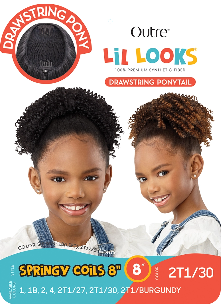 LIL LOOKS Springy Coils 8" Drawstring Ponytail packaging. Two girls display 8" coiled ponytails: black and brown/blonde.
