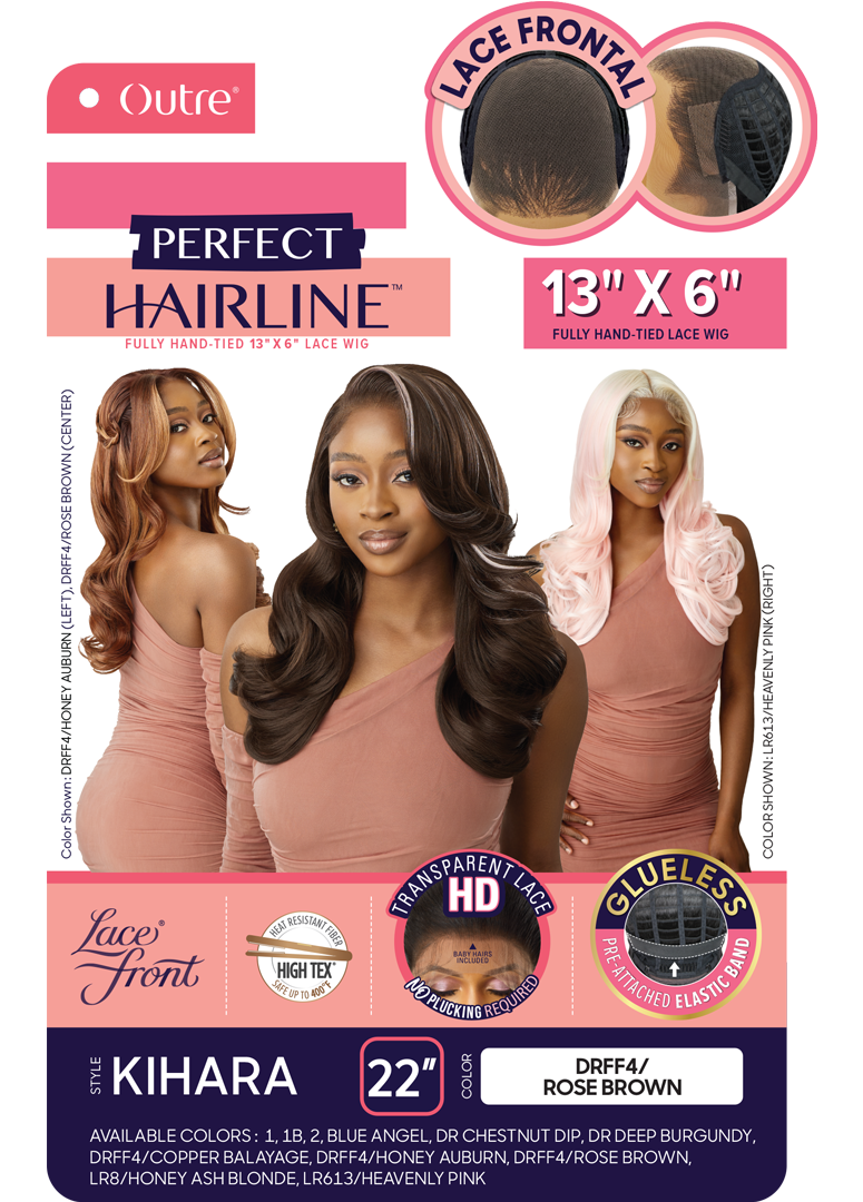 Packaging for Kihara Perfect Hair Line 13x6 Lace Front Wig. Three models wear long wavy hair in honey auburn, rose brown, ...