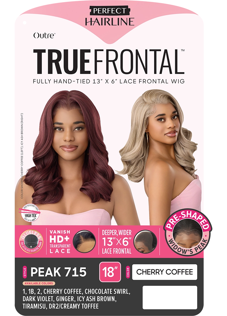 Packaging for Perfect Hairline True Frontal wig. Two models showcase wavy, shoulder-length wigs: cherry coffee and icy ash...