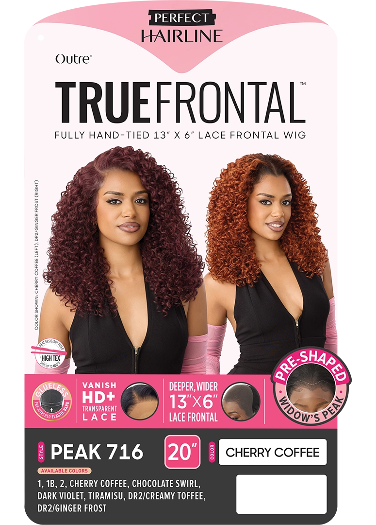 Packaging for Perfect Hairline Lace Front Wig - Peak 716. Two models with curly, shoulder-length wigs: cherry coffee and g...