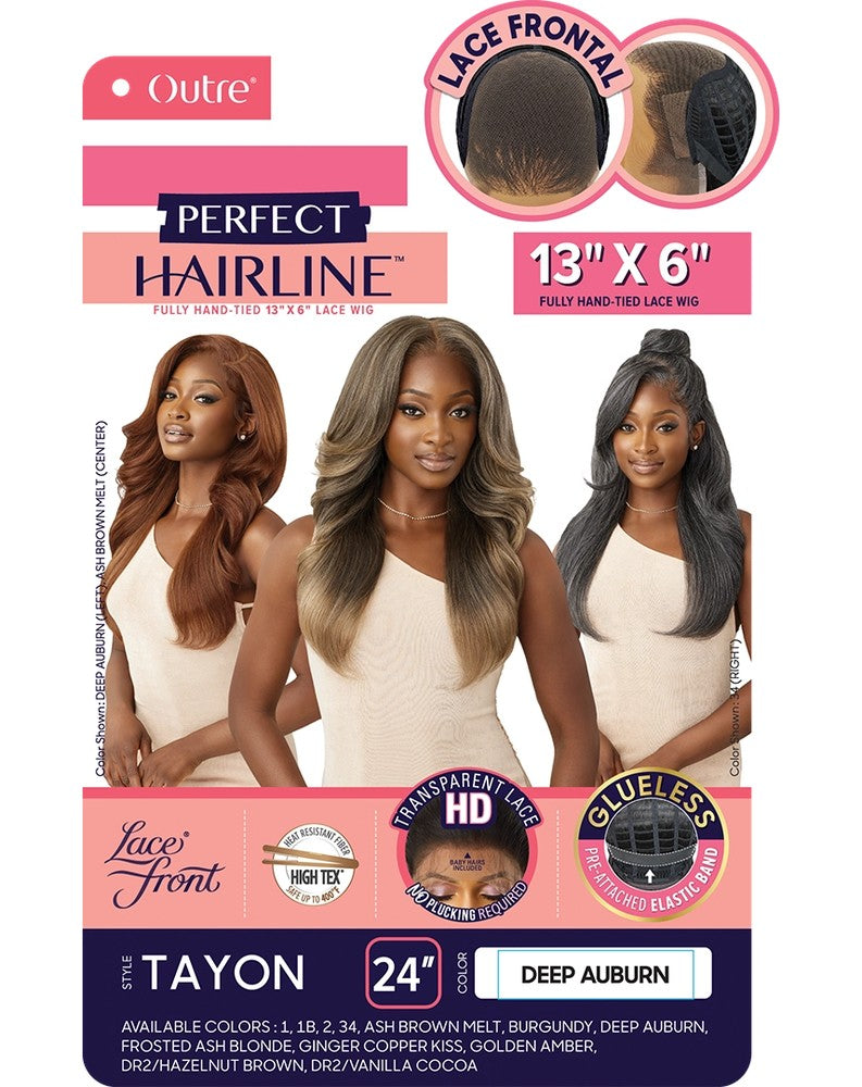 Perfect Hairline TAYON HD Lace Wig packaging shows models with long wavy hair in auburn, blonde ombre, and grey styles.