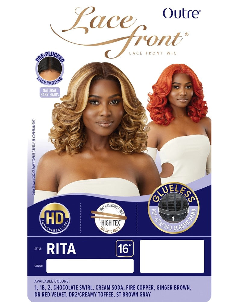 Packaging for Glueless HD Lace Front Wig 16" RITA, showing models with wavy blonde and red shoulder-length hair.