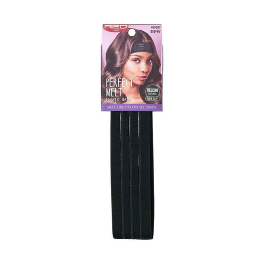 Packaging for Red by Kiss Perfect Melt Non-Slip Silicone Elastic Wigband. Features a woman wearing it, and the wide black ...