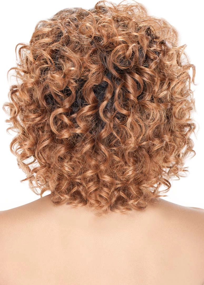 Back view of a person with a short, voluminous auburn Purple Pack Disco Curl hairstyle, featuring defined curls.