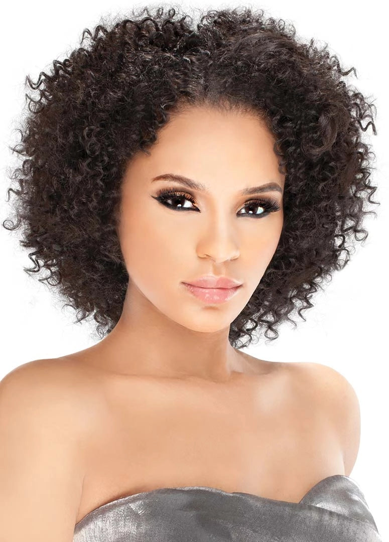 A woman modeling the Purple Pack Jerry Curl Hair, featuring short, voluminous dark brown tightly coiled curls.